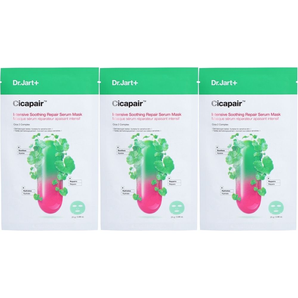Drei Packungen Dr.Jart+ CICAPAIR™ Serum Maske. Grüne und weiße Verpackung mit Produktnamen und Illustration.