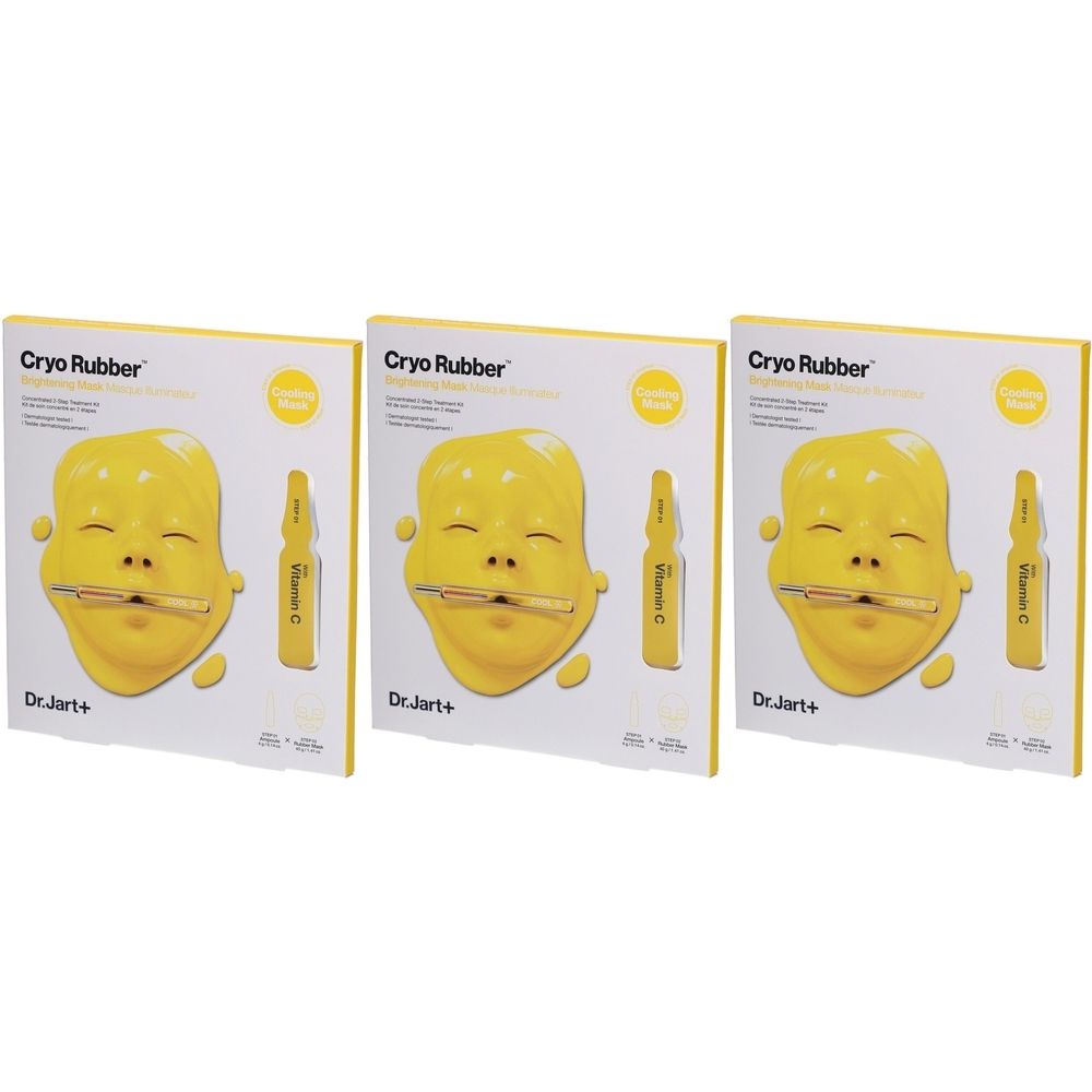 Drei Packungen DR.JART+ Kryo-Gummi - Maske Illuminateur. Gelbe Maske, Ampulle, gelbe Verpackung. Schriftzug: Cryo Rubber, Vitamin C.