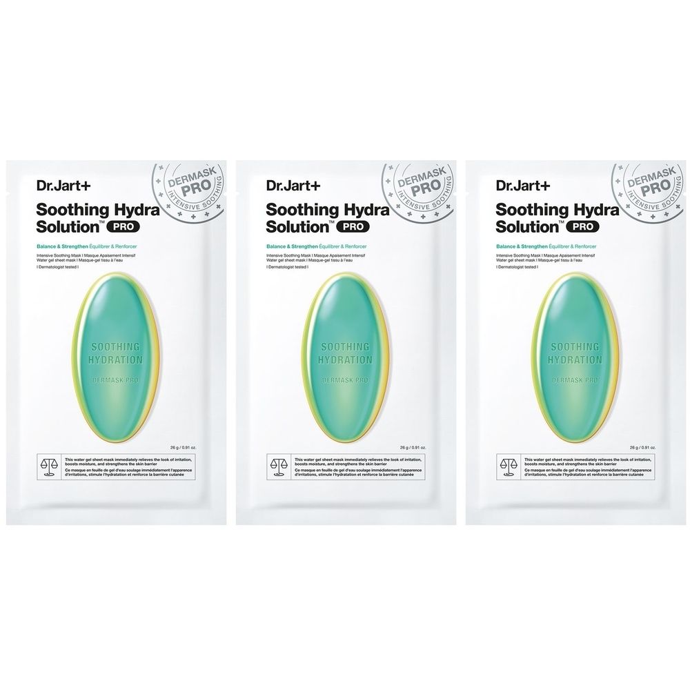 Drei Packungen Dr.Jart+ DERMASK™ Soothing Hydra Solution PRO. Weiße Verpackung mit grünem ovalem Design und Produktnamen.