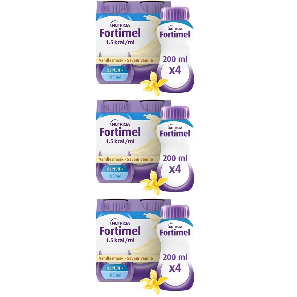Trois présentations de Fortimel Energy. Chaque emballage contient quatre bouteilles. Inscription: Nutricia, 1,5 kcal/ml, Vanille.
