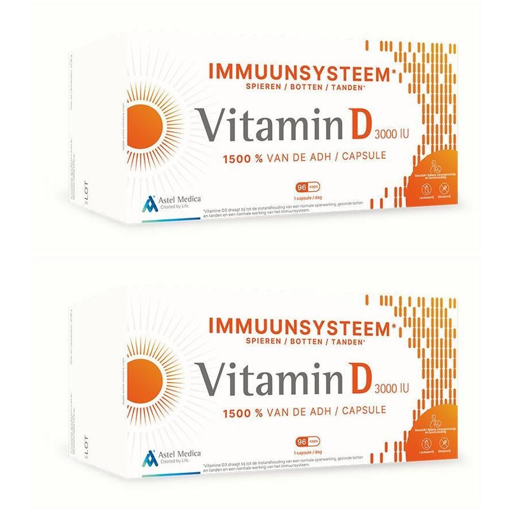 Twee dozen Astel Medica Vitamine D. Opschrift: Vitamine D 3000 IE, 1500% van de ADH. Bevat 90 capsules. Oranje zonlogo.