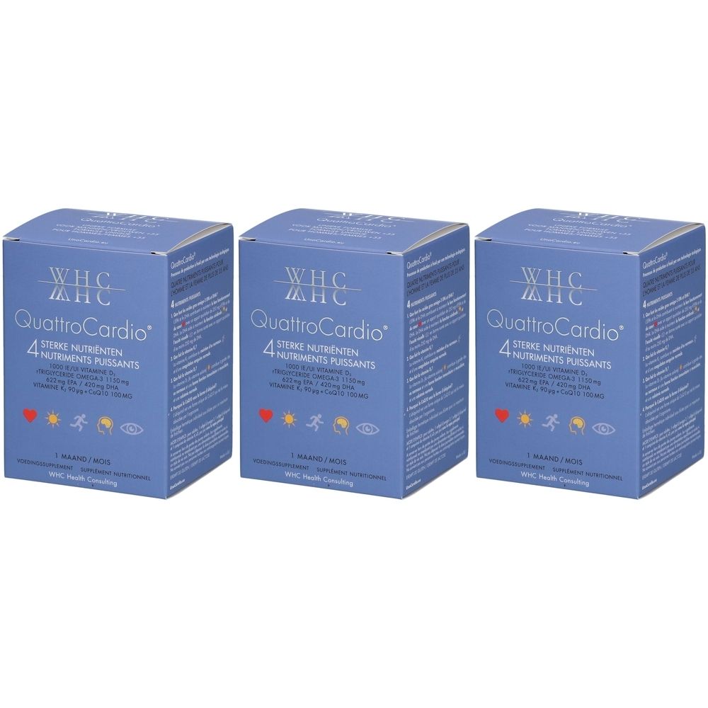 Trois boîtes bleues "WHC QuattroCardio". Inscriptions avec informations nutritionnelles et logos.