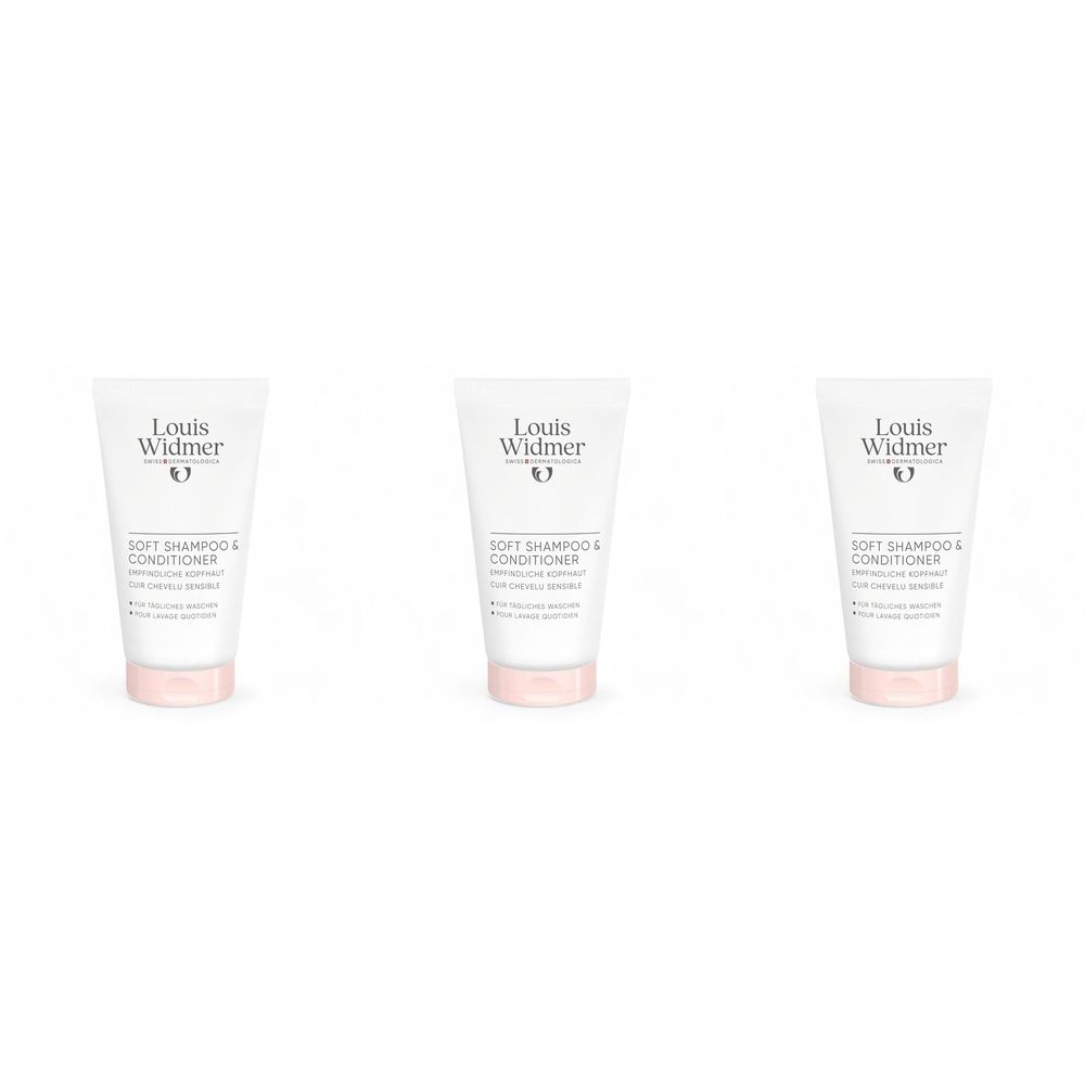 Trois tubes de shampooing et revitalisant blancs avec bouchon rose. Inscription : Louis Widmer, Soft Shampoo & Conditioner.