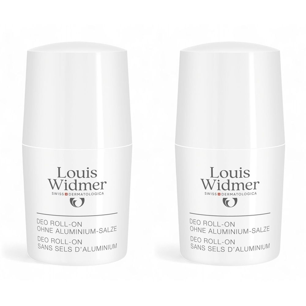 Twee witte roll-on deodorants. Opschrift: Louis Widmer, Deo Roll-On zonder aluminiumzouten.