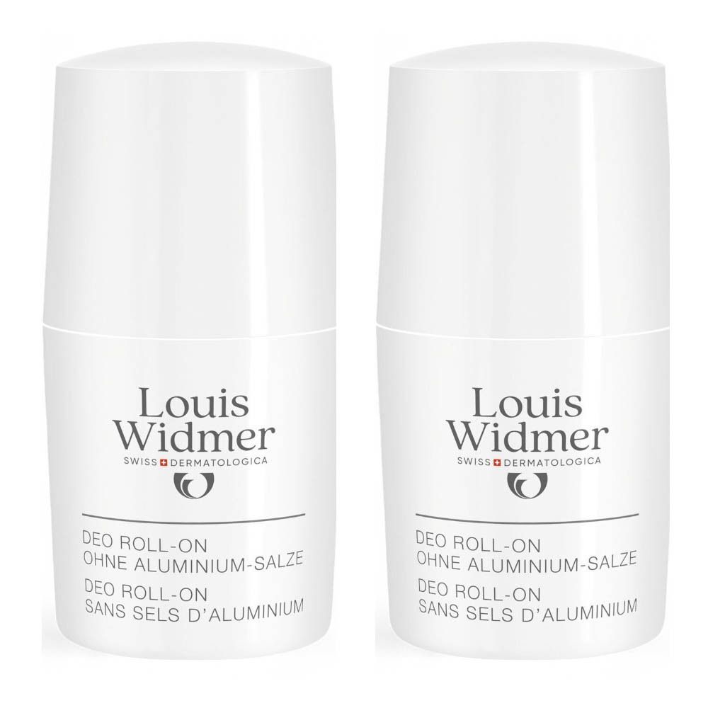 Twee witte roll-on deodorants. Opschrift: Louis Widmer, Deo Roll-On zonder aluminiumzouten. Zwitsers dermatologisch merk.