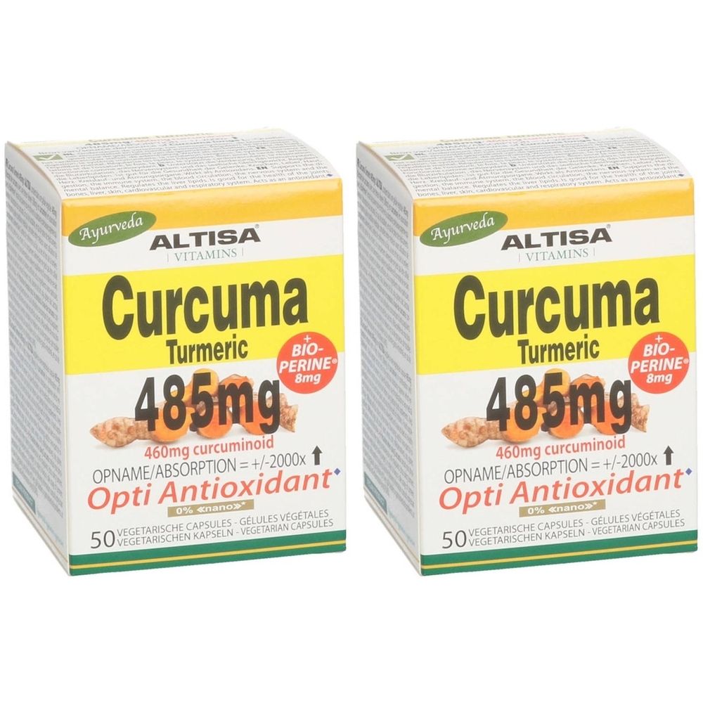 Twee dozen ALTISA Curcuma + Piperine. Gele en witte verpakking met productnaam en informatie. 50 capsules.
