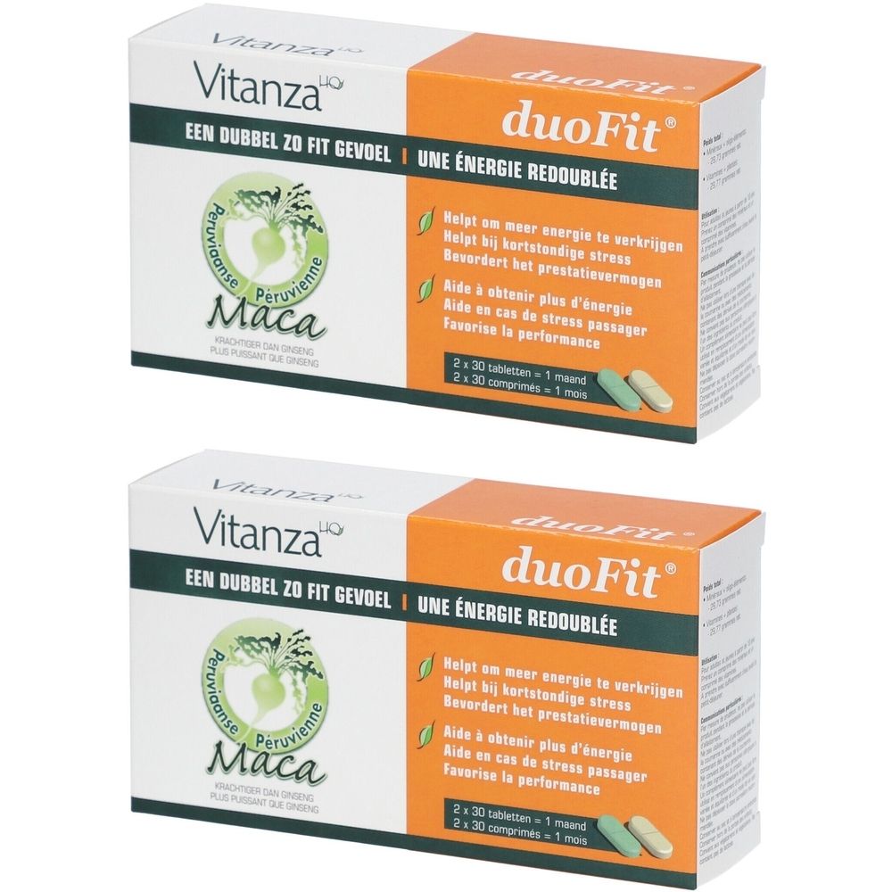 Twee dozen Vitanza HQ DuoFit. Opschrift: Maca. Oranje-witte verpakking met afbeeldingen van groene tabletten.