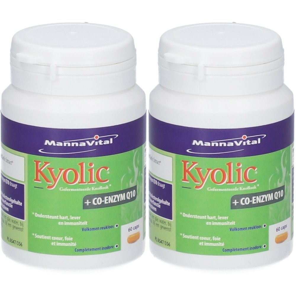 Twee flessen Mannavital Kyolic + Co-enzym Q10. Witte containers met paars etiket. Zichtbare opschriften: Kyolic, CO-ENZYM Q10.