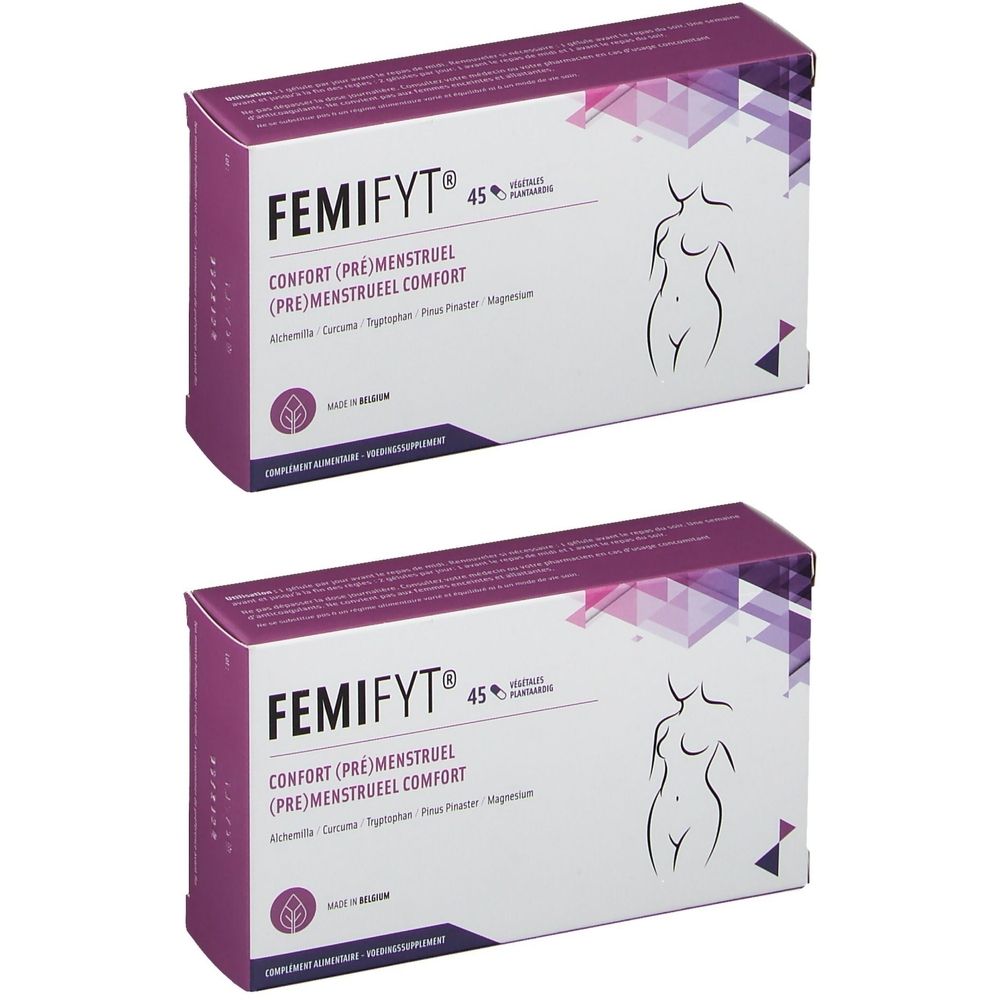 Deux boîtes Femifyt®. Boîtes violettes et blanches avec nom du produit, ingrédients et silhouette féminine.