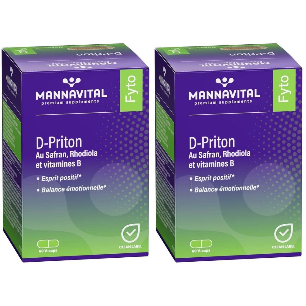 Twee paarse dozen met opschrift MannaVital D-Priton. Bevat 30 V-caps. Met het 'Clean Label' logo.