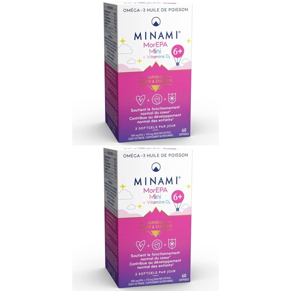 Twee dozen MINAMI MorEPA Mini 6+ Omega-3 voedingssupplement. Witte en roze verpakking met productnaam en logo's.