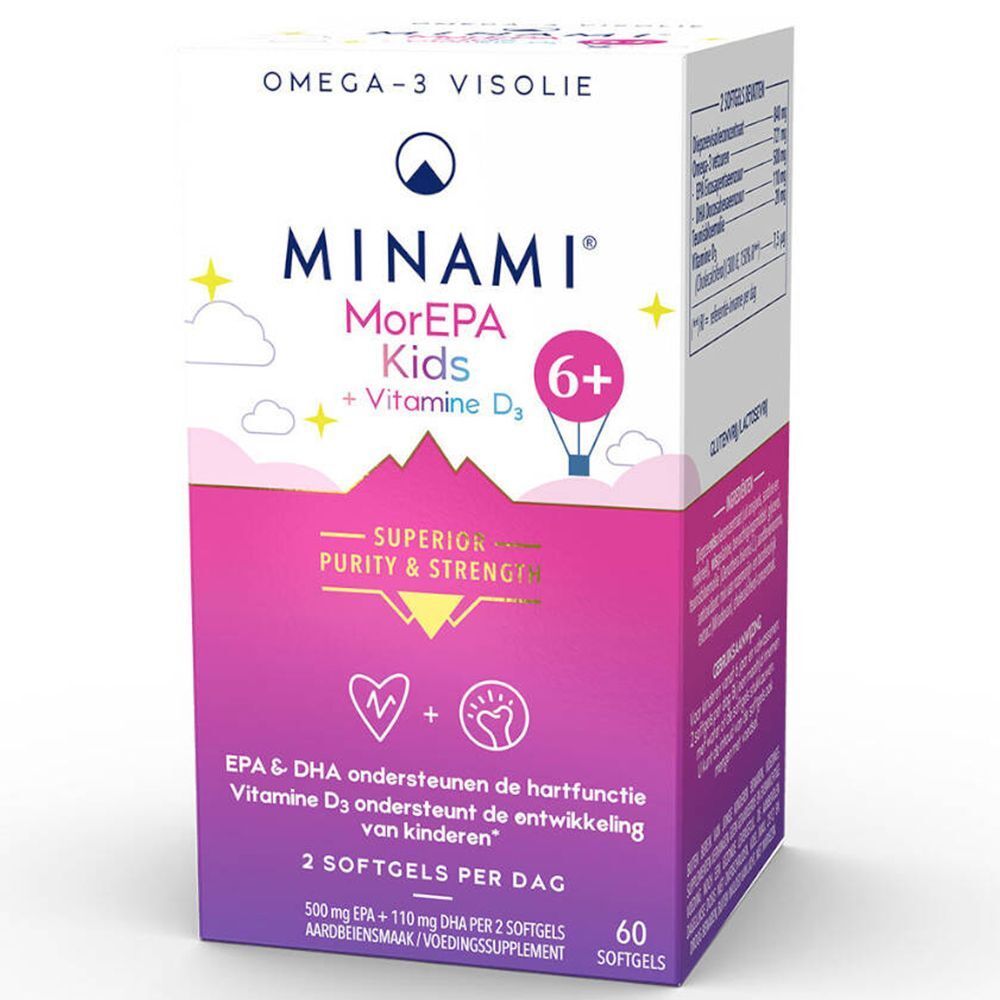 Complément alimentaire MINAMI MorEPA Kids 6+ Omega-3. Emballage blanc et rose avec nom du produit, logos et informations.