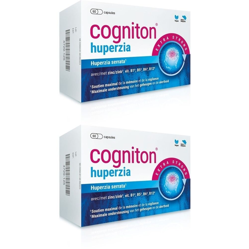 Twee dozen Cogniton Huperzia. Opschrift: Huperzia serrata, met zink, vitaminen. Extra Strong. 60 capsules.