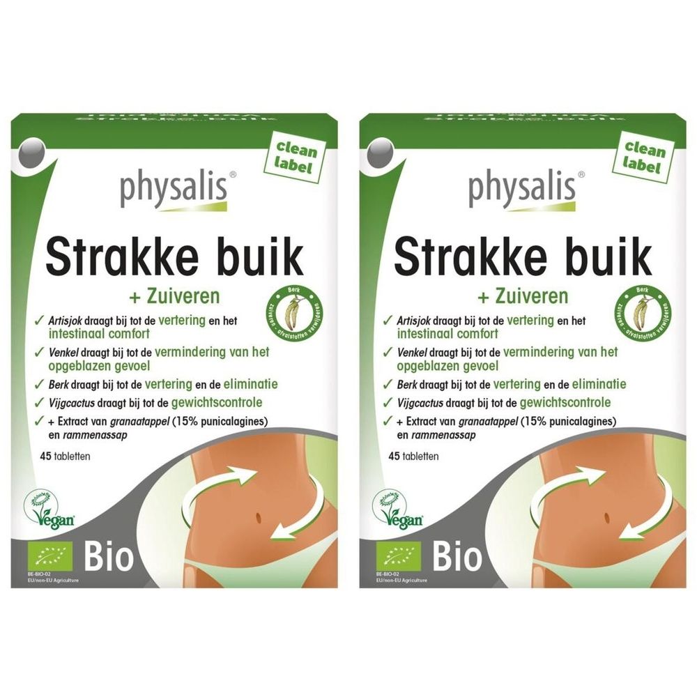 Twee groene dozen "Strakke buik + Zuiveren". Vegan Bio logo. Nederlandse tekst.