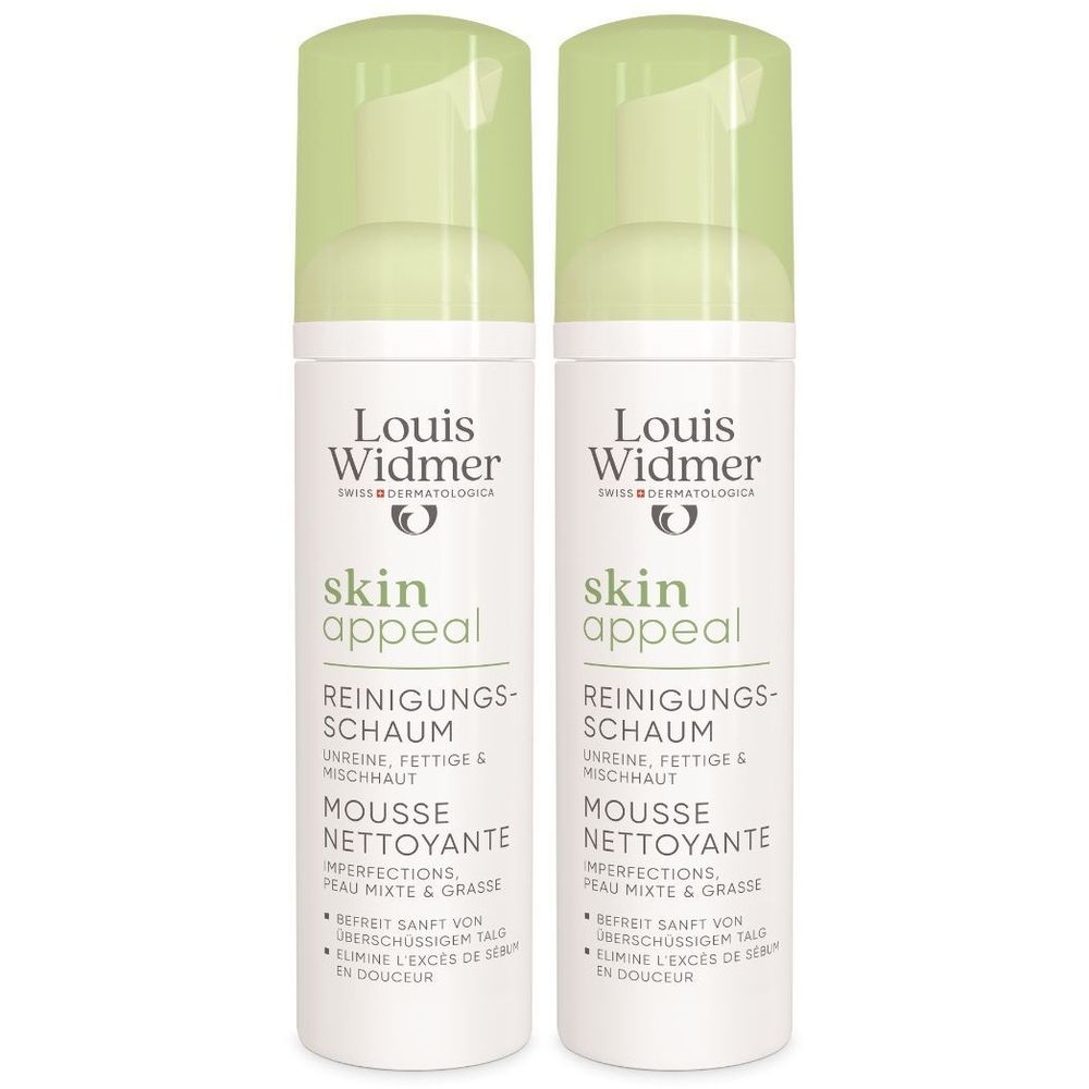 Twee flessen Louis Widmer Skin Appeal reinigingsmousse. Witte flessen met groene dop. Tekst: Skin Appeal, Mousse Nettoyante.