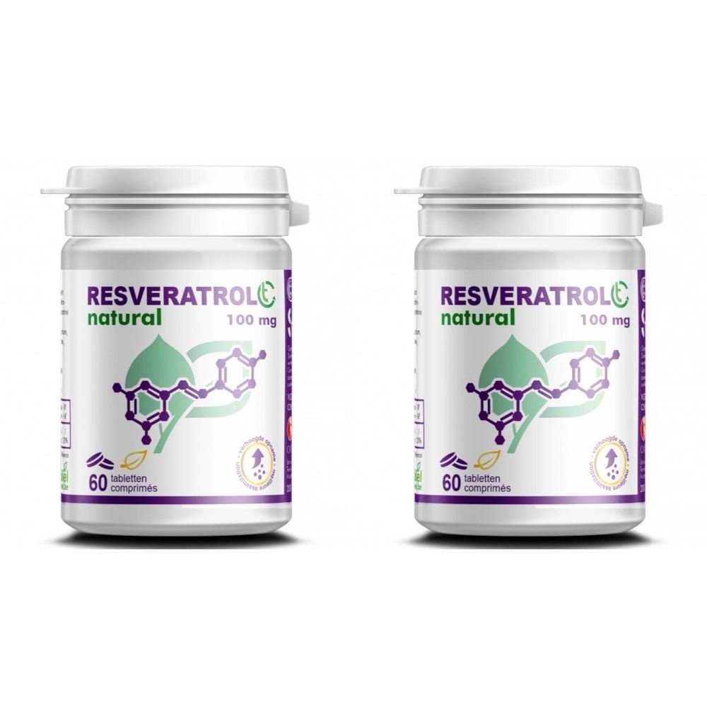 Twee flacons Resveratrol natural 100 mg, 60 tabletten.