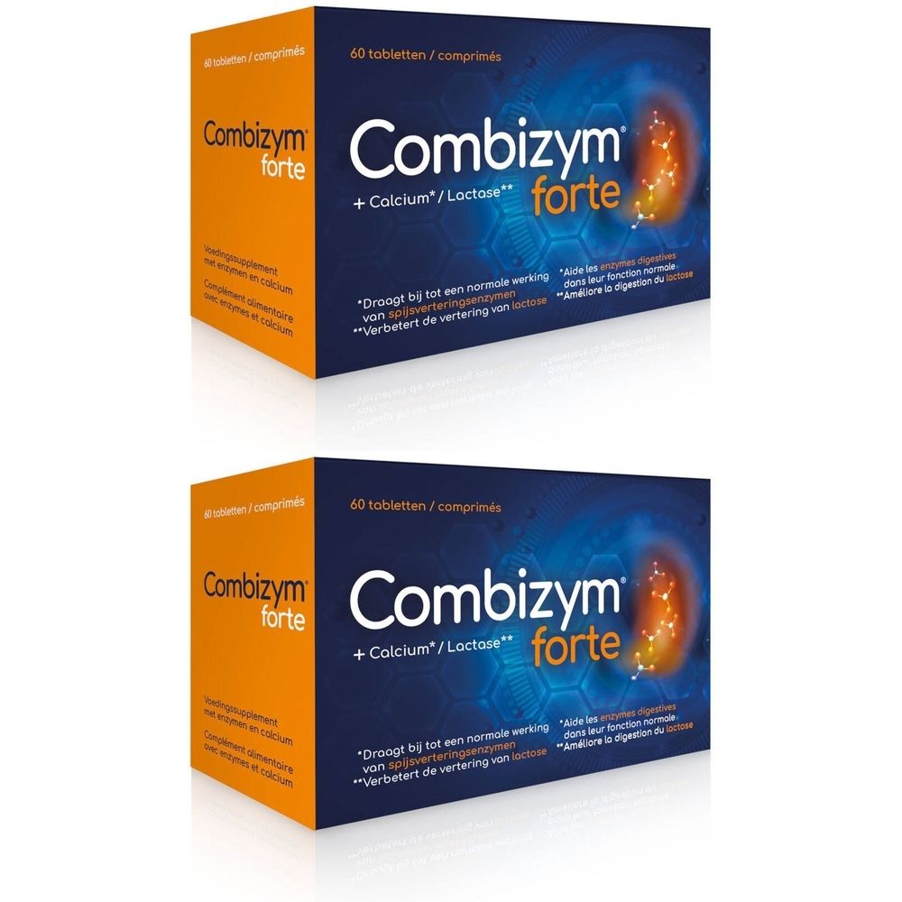 Twee dozen Combizym forte. Blauwe en oranje verpakking met productnaam en tekst. Bevat 60 tabletten.