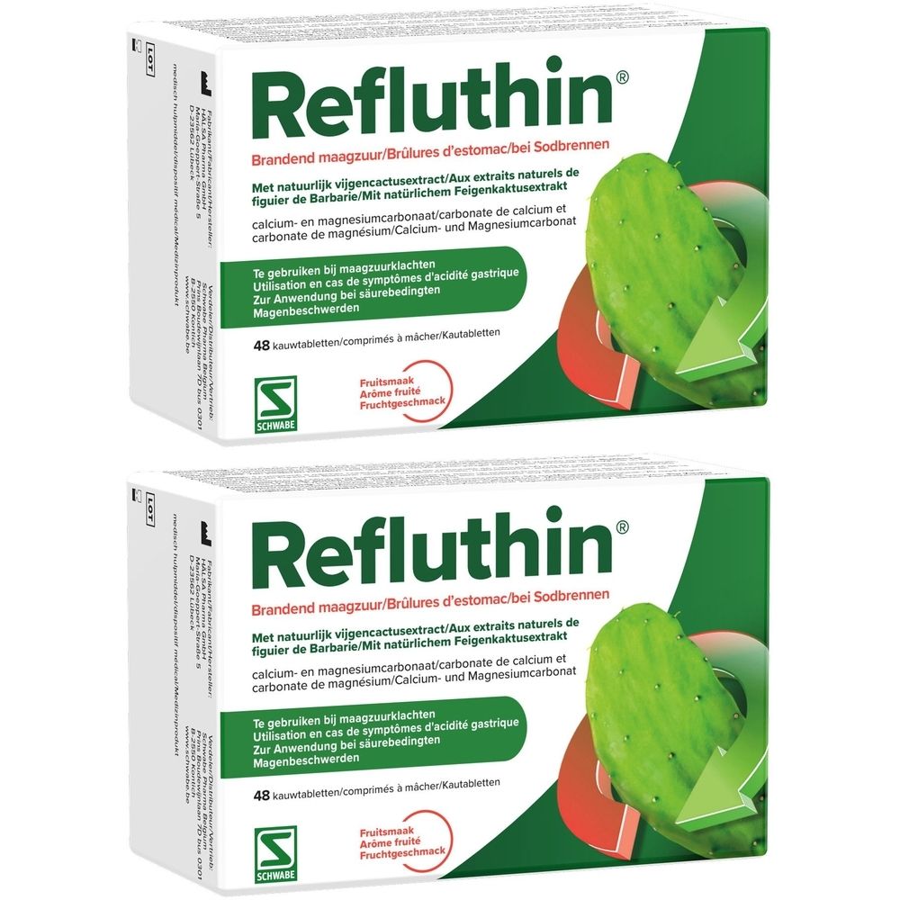 Twee dozen Refluthin tabletten tegen brandend maagzuur.
