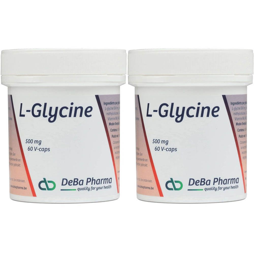 Twee witte potten met deksels. Opschrift: L-Glycine 500 mg, 60 V-caps. Logo DeBa Pharma.