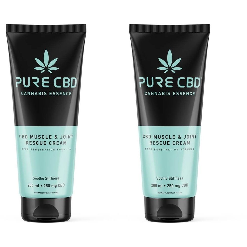 Twee tubes Pure CBD® Muscles & Articulations Rescue Cream. Zwarte tubes met turquoise label. Tekst: Pure CBD, 200 ml, 250 mg CBD.