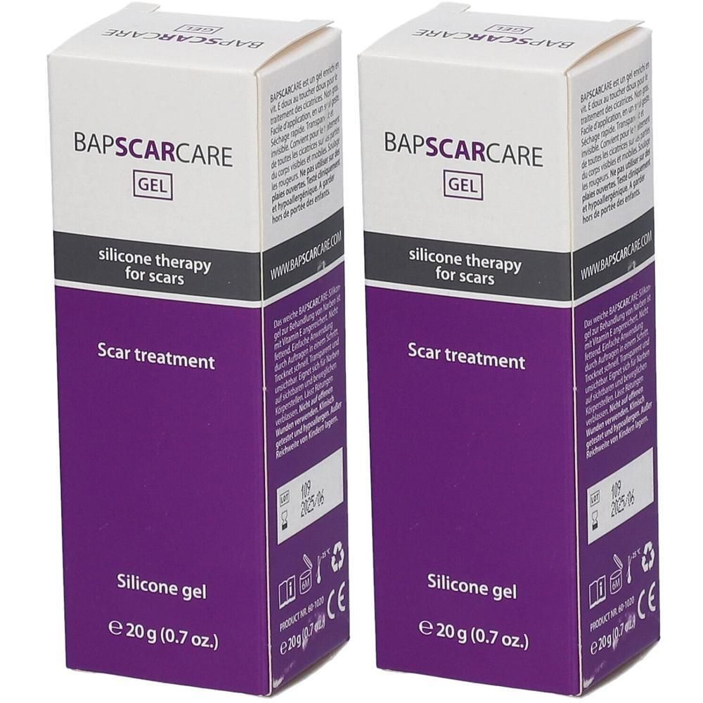 Zwei rechteckige Kartons mit lila und weißem Design. Aufschrift: BAPSCARCARE GEL, Silikon-Therapie für Narben.