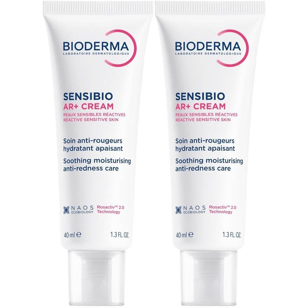 Twee tubes Bioderma Sensibio AR+ Cream. Wit, rode en blauwe tekst. 40ml, 1.3 FL.OZ. NAOS Rosactiv 2.0 Technologie.