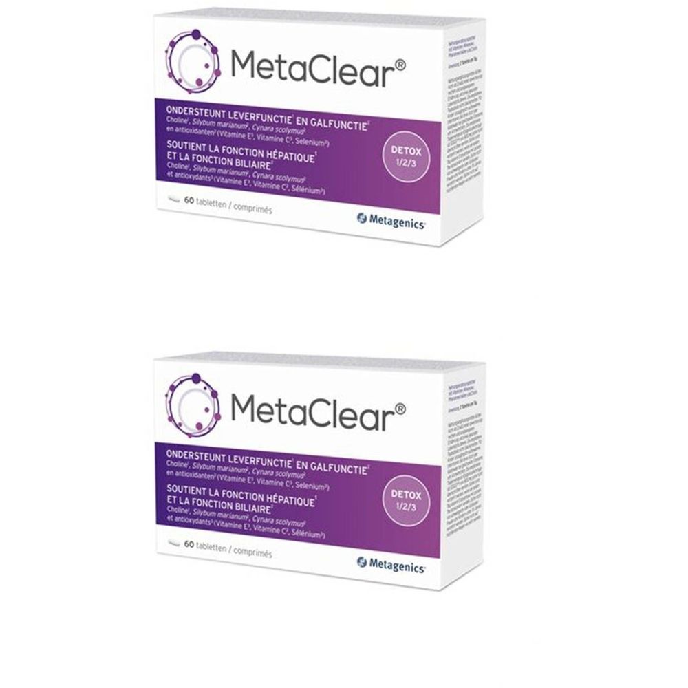 Twee dozen MetaClear. Witte verpakking met paarse accenten. Tekst: MetaClear, ondersteunt leverfunctie, Detox 1/2/3, 60 tabletten.
