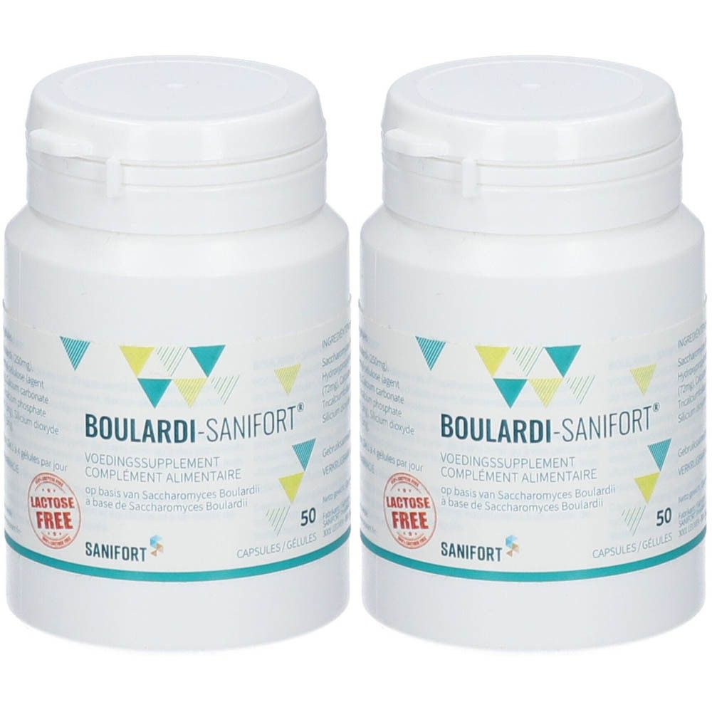 Twee witte flessen met blauwgroene tekst. Opschrift: BOULARDI-SANIFORT, lactosevrij, 50 capsules.
