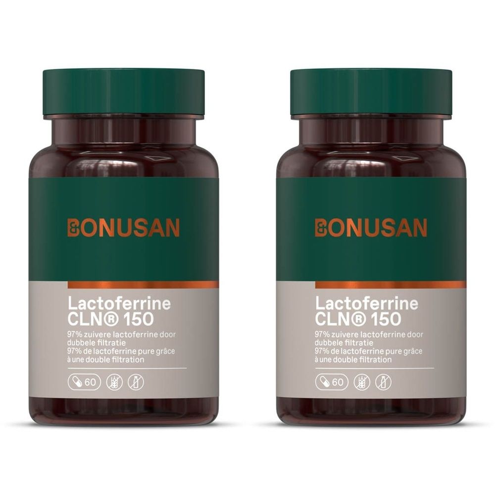 Twee flessen BONUSAN Lactoferrine CLN® 150. Bruine flessen met groene doppen. Oranje etiket met witte tekst. 60 capsules.