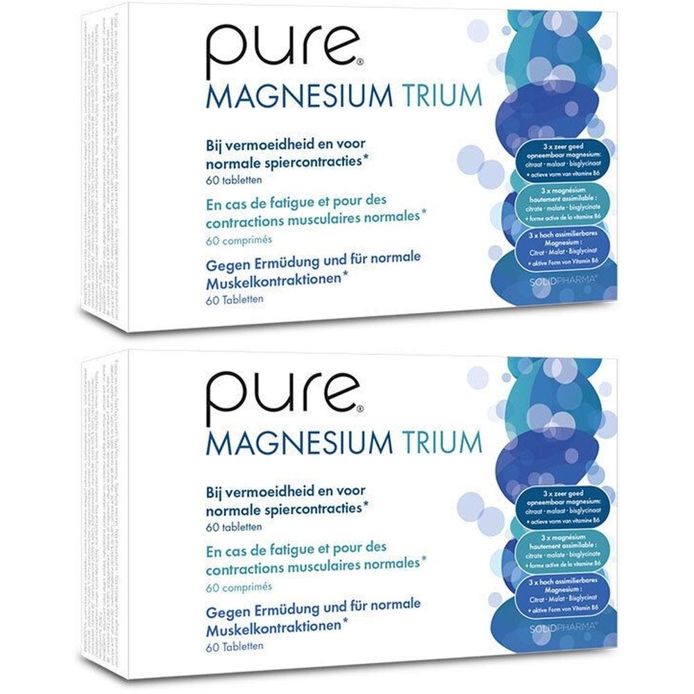 Twee witte dozen met "pure MAGNESIUM TRIUM". Tekst in het Duits, Frans en Nederlands. 60 tabletten.