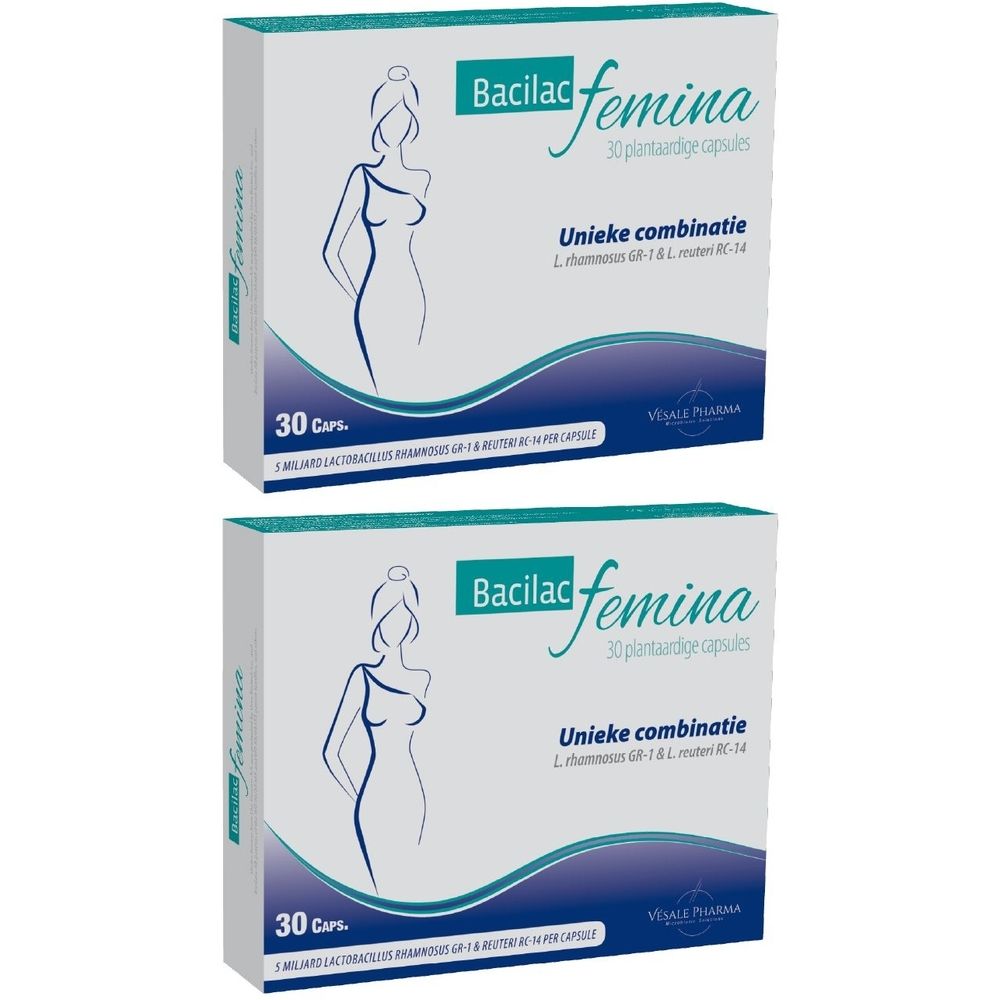 Twee dozen Bacilac femina®. Witte verpakking met productnaam, vrouwenillustratie en tekst. 30 capsules.