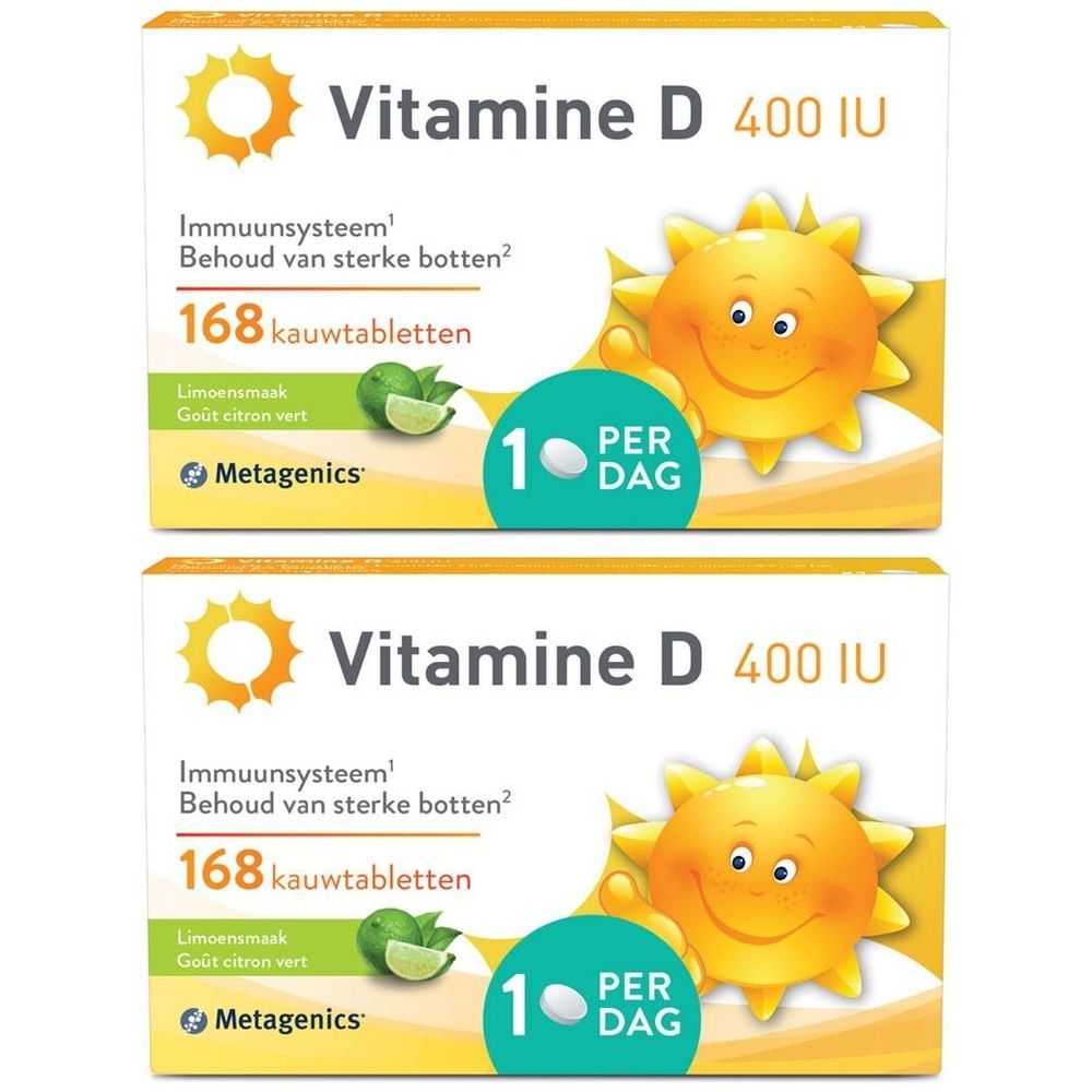 Twee dozen Vitamine D 400 UI. Opschrift: Immuunsysteem, sterke botten. 168 kauwtabletten. Merk Metagenics. 1 per dag.