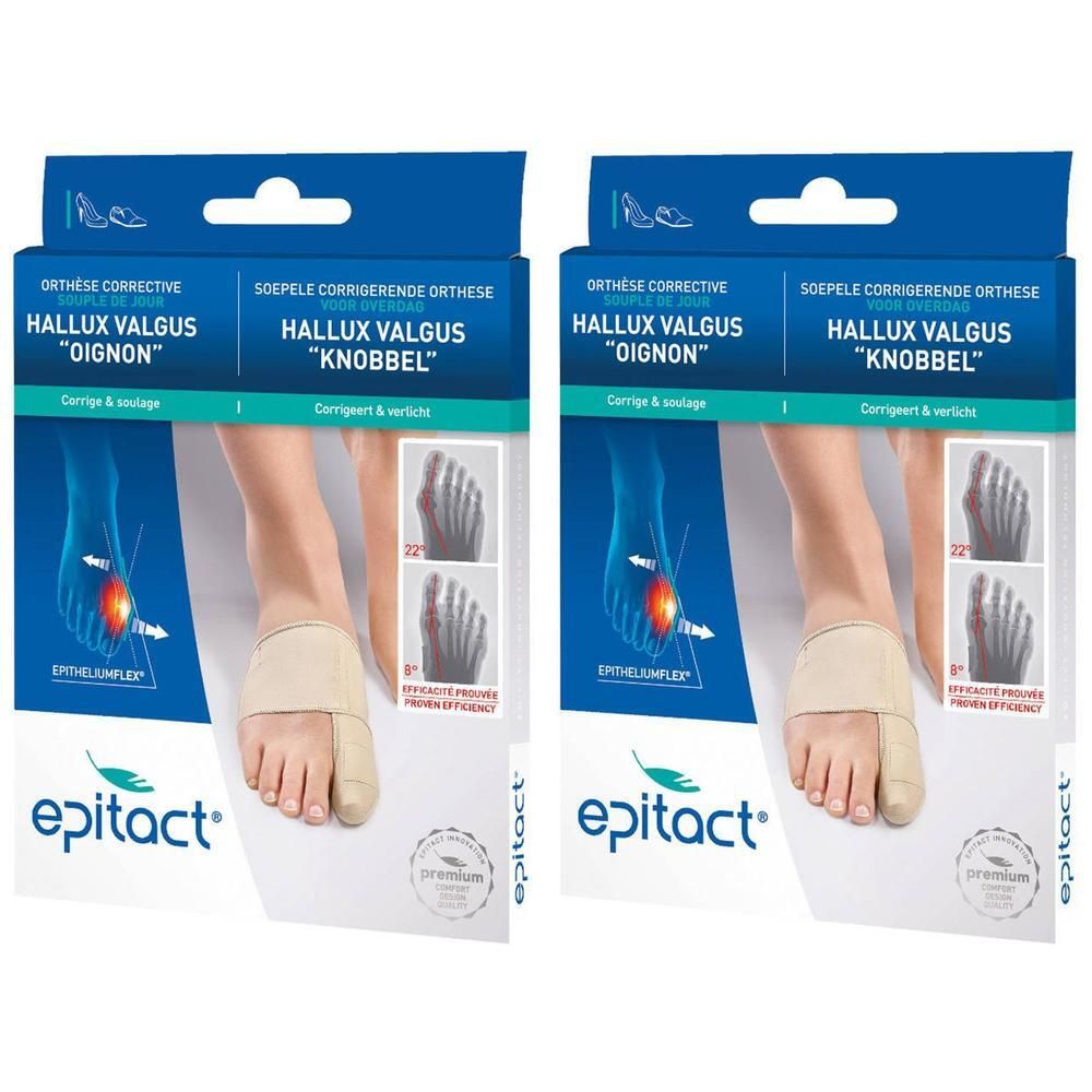 Zwei Packungen Epitact Hallux Valgus-Orthesen. Beige Orthese am Fuß, Illustrationen, Produktname und Logo.