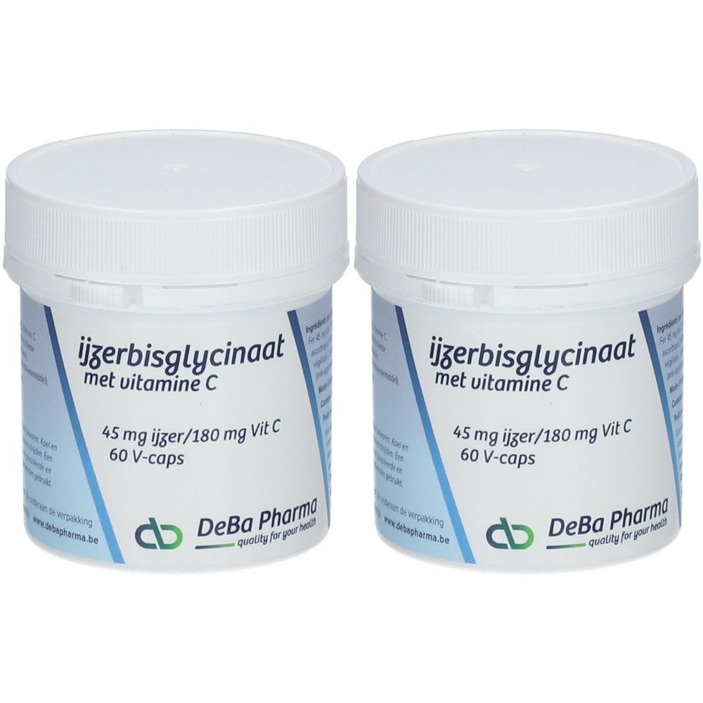 Deux pots blancs avec couvercles. Inscription : ijzerbisglycinaat met vitamine C, 45 mg ijzer/180 mg Vit C, 60 V-caps. Logo DeBa Pharma.