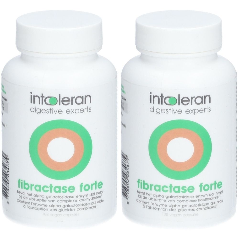 Twee witte pillenpotjes met schroefdop. Opschrift: intoleran digestive experts, fibractase forte. Groen-oranje logo.