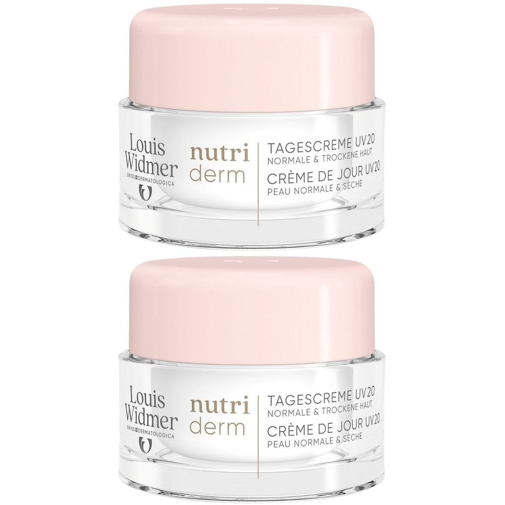 Deux pots de Louis Widmer Nutriderm Crème de Jour UV20, empilés l'un sur l'autre.