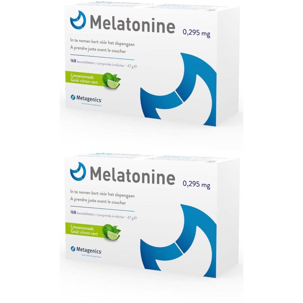 Twee witte dozen met blauwe afbeelding en tekst. Opschrift: Melatonine 0,295 mg. Merk: Metagenics.