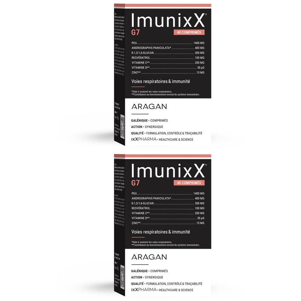 Deux boîtes IMUNIXX G7. Emballage noir avec texte blanc. Contient 40 comprimés. Liste des ingrédients visible.