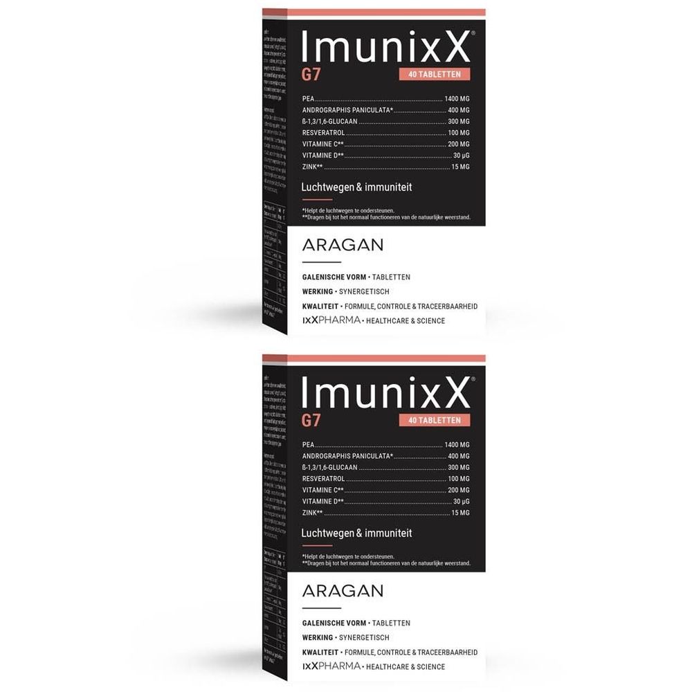 Twee dozen IMUNIXX G7. Zwarte verpakking met witte tekst. Bevat 40 tabletten. Ingrediëntenlijst zichtbaar.