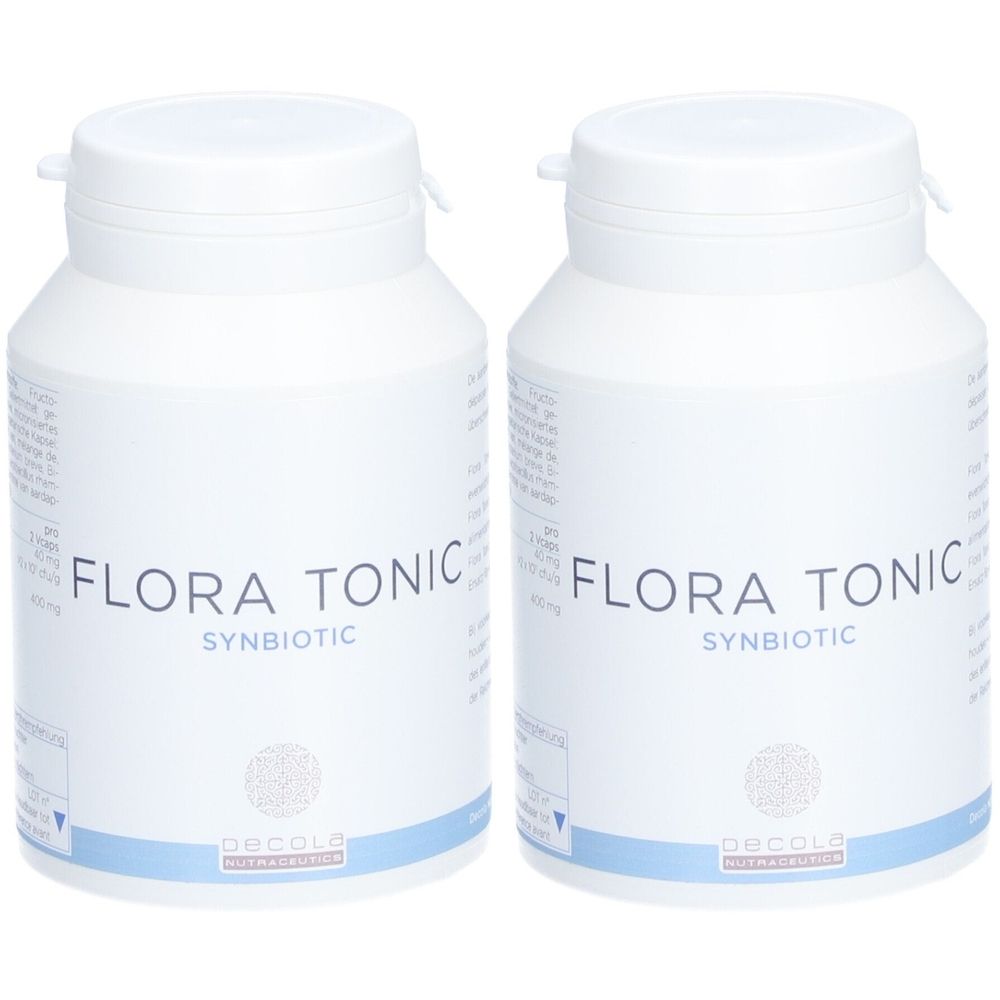 Twee witte flessen met schroefdop. Opschrift: Flora Tonic Synbiotic. Logo Decola Nutraceuticals.