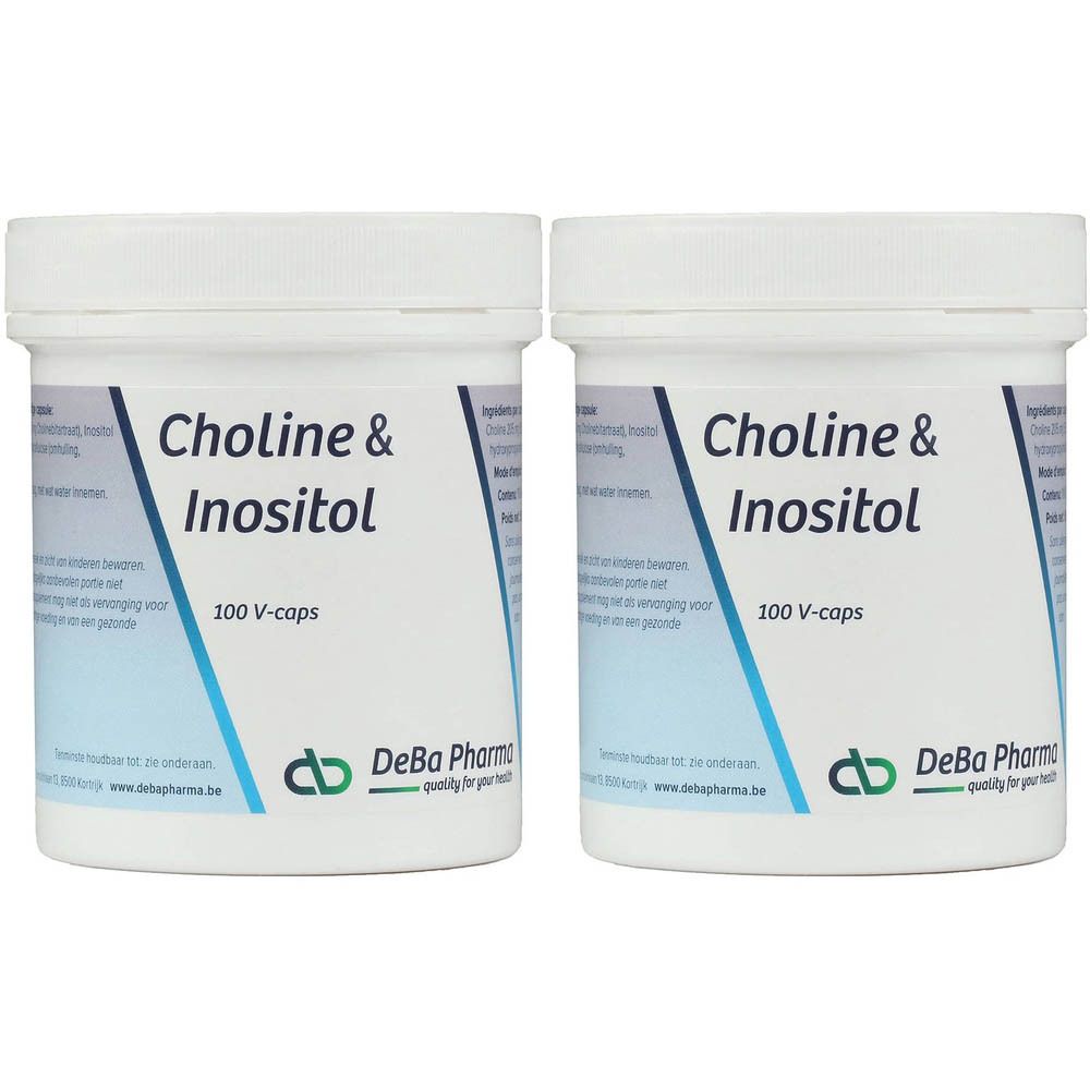 Twee witte potten met opschrift Choline & Inositol. Daaronder staat 100 V-caps en het logo van DeBa Pharma.