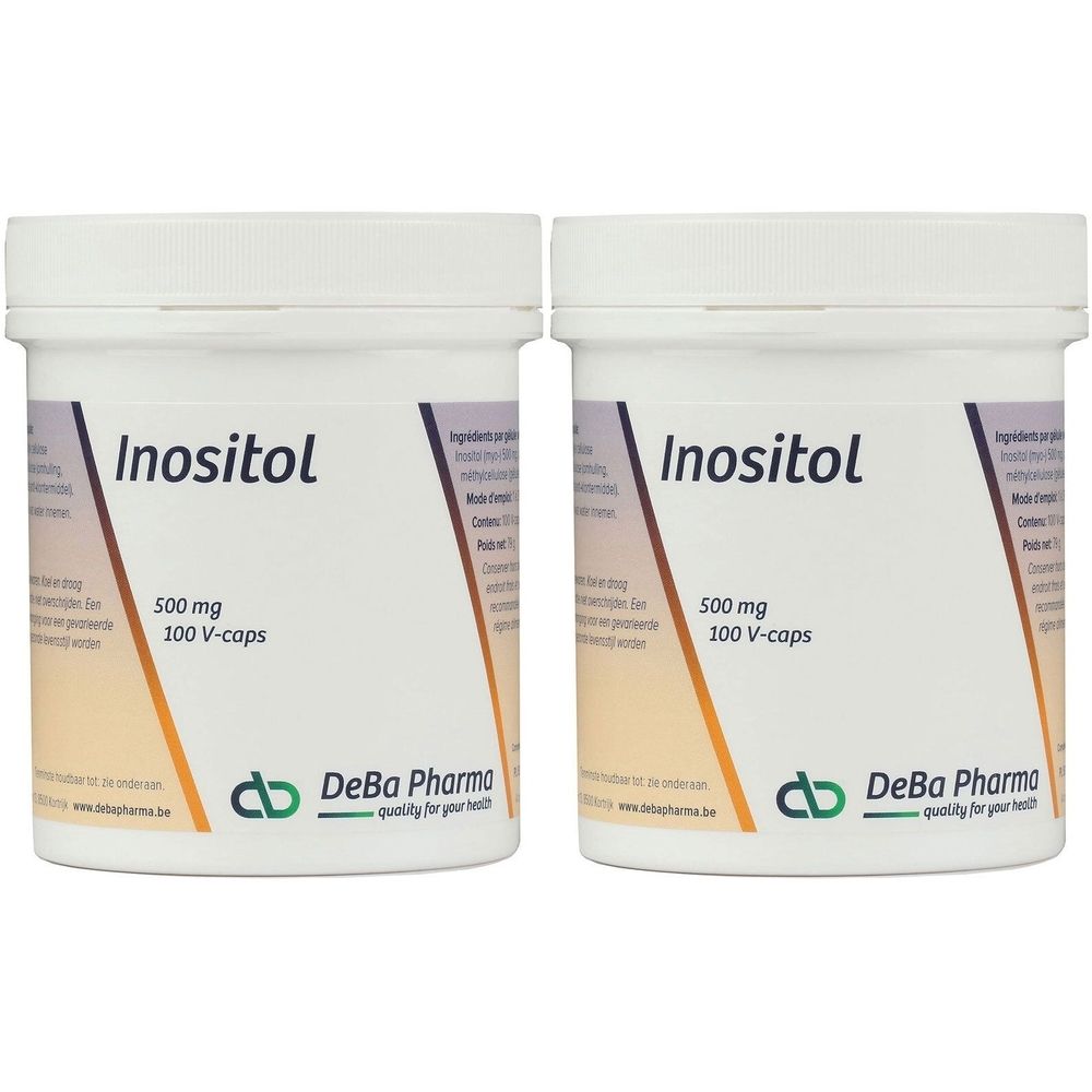 Twee witte potten met "Inositol". Opschrift: 500 mg, 100 V-caps. Logo DeBa Pharma.