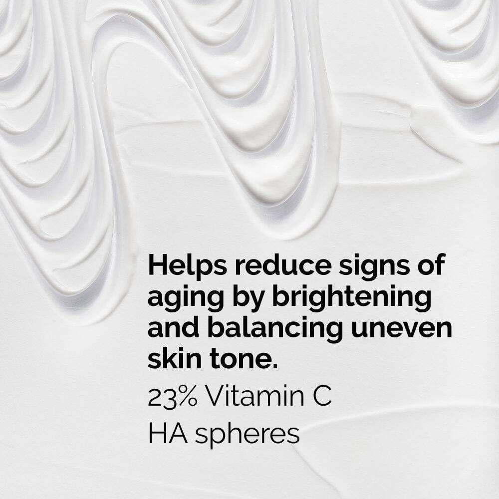 Textur der The Ordinary Vitamin C Suspension 23% + HA Spheres 2% mit Beschreibung der Wirkung.