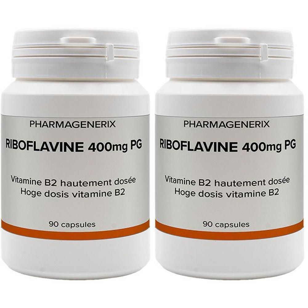 Zwei weiße Flaschen mit Etiketten. Aufschrift: Pharmagenerix Riboflavine 400 mg PG. Enthält 90 Kapseln.