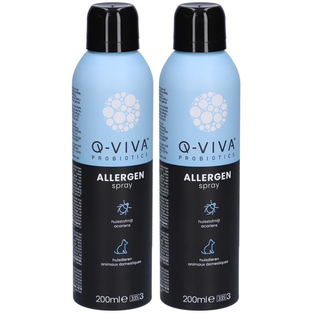 Zwei blaue Sprühflaschen mit schwarzem Deckel. Aufschrift: Q-VIVA Probiotics Allergen Spray. 200ml.