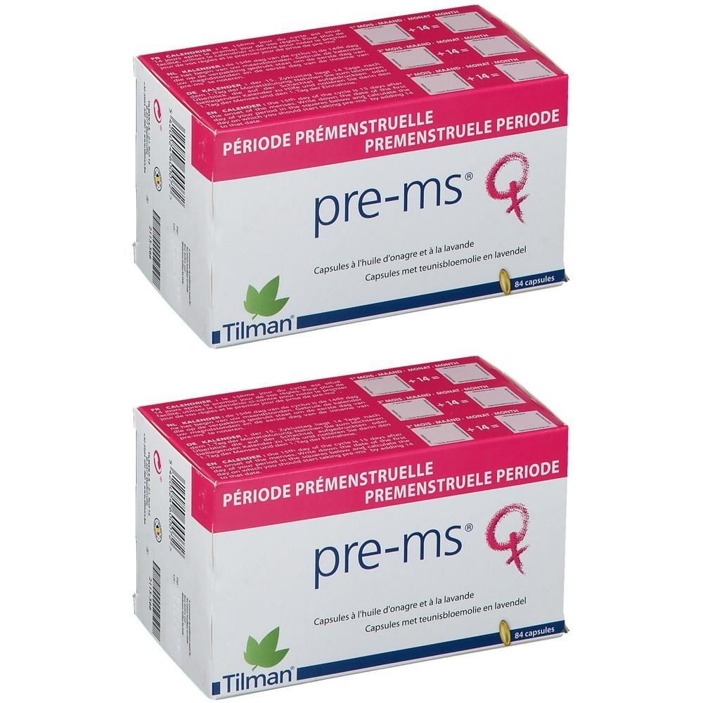 Zwei Schachteln pre-ms®-Kapseln. Weiße Verpackung mit rosa und grünen Akzenten. Text: pre-ms®, Periode prémenstruelle, Tilman.