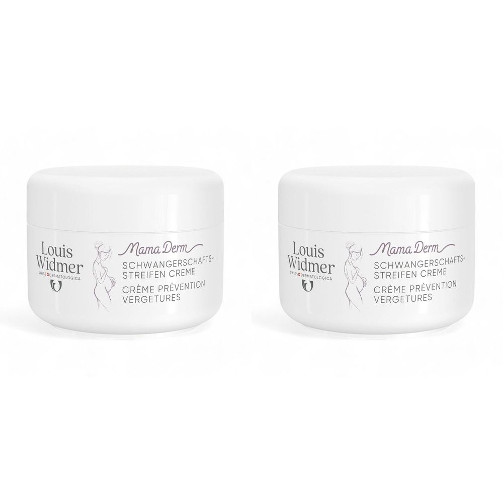 Twee witte potten Louis Widmer MamaDerm. Opschrift: Crème Prévention Vergetures. Logo: Zwangere vrouw.