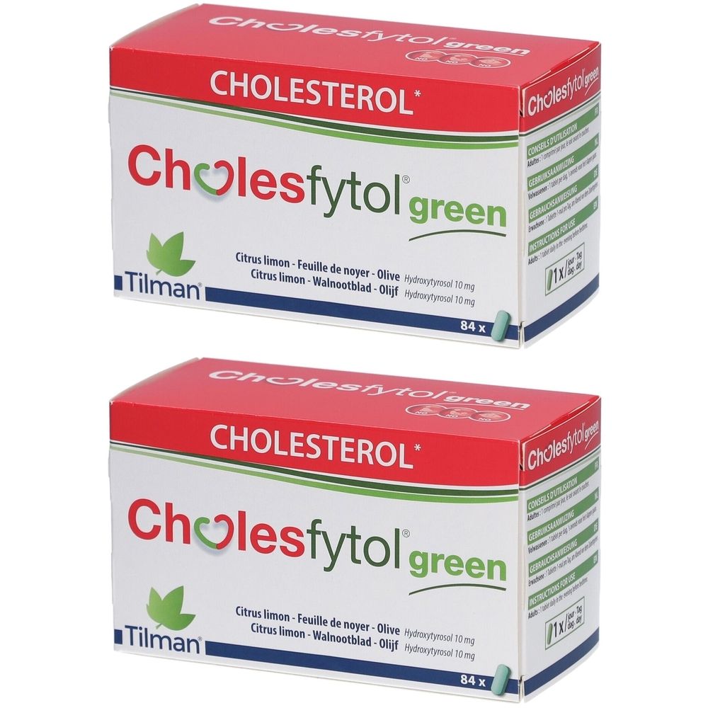 Twee dozen Cholesfytol® Green. Rode en witte verpakking met groene accenten. Tekst: Cholesterol, Cholesfytol green, Tilman.