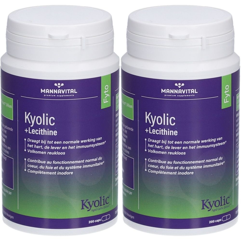 Twee witte flessen met paarse etiketten. Opschrift: MannaVital Kyolic + Lecithine. Groen-witte achtergrond.