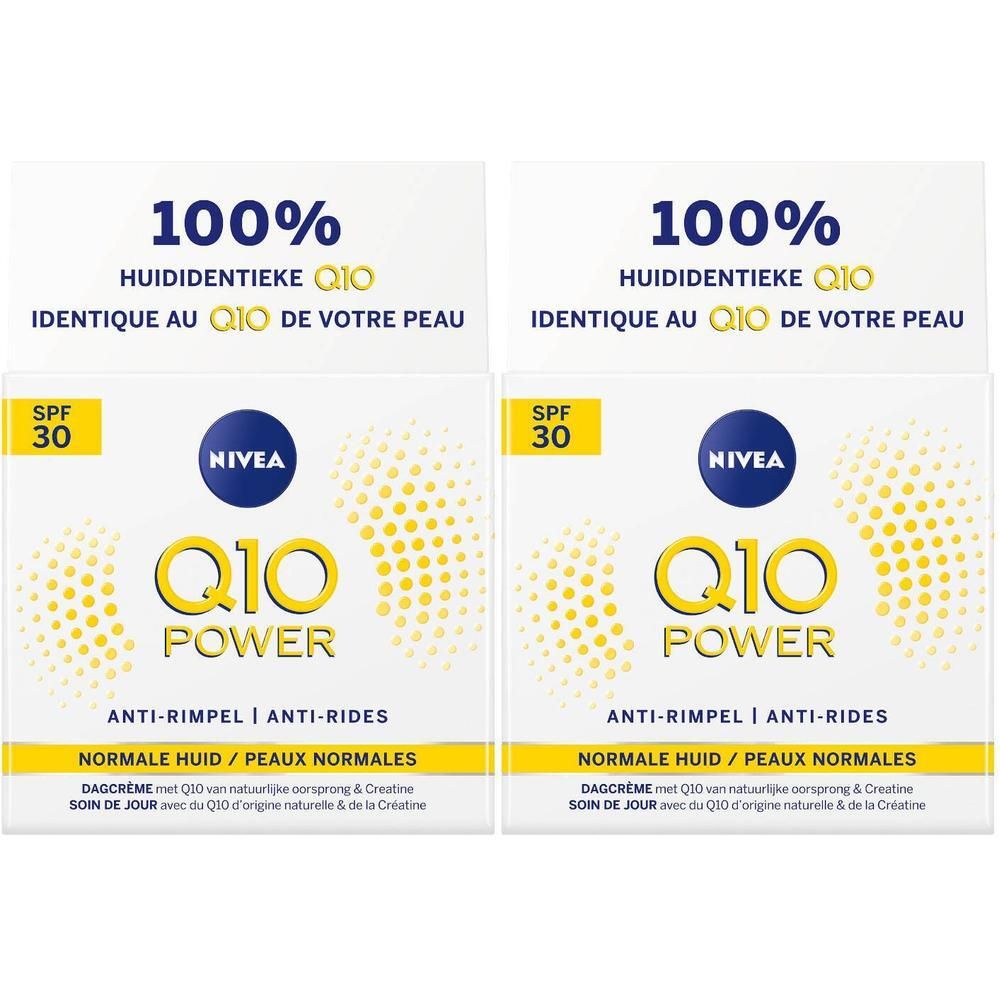 Zwei Nivea Q10 Power Tagescreme-Packungen mit LSF 30 für normale Haut.